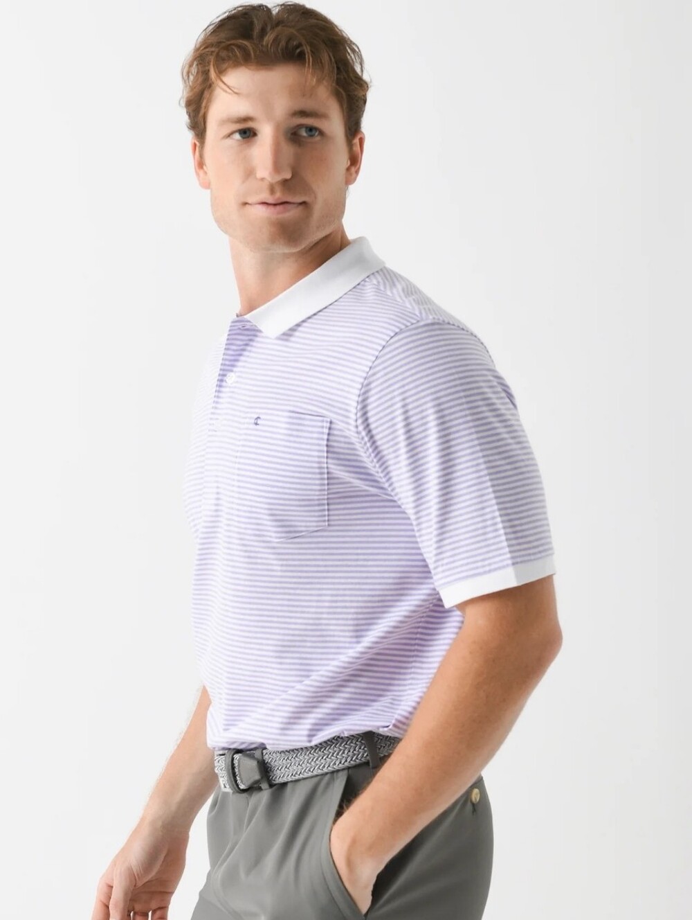 Criquet Men's Lavender Stripe Polo with White Contrast Collar - Picture 2 of 9